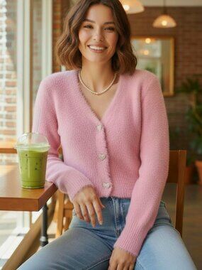 English Factory Pearly Heart Button Sweater in Pink Size XS